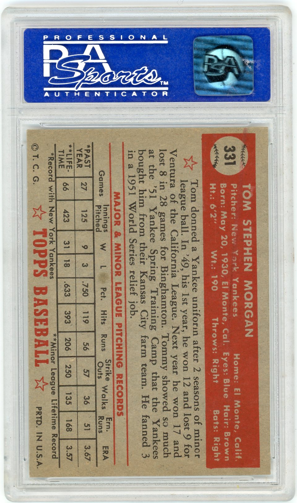 1952 Topps Tom Morgan #331 PSA 8 Oc