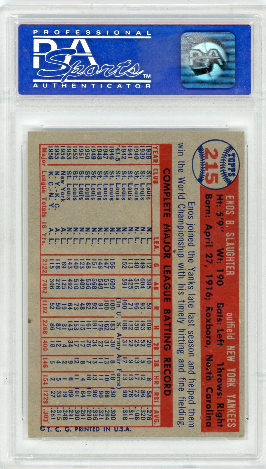 1957 Topps Enos Slaughter #215 PSA 9