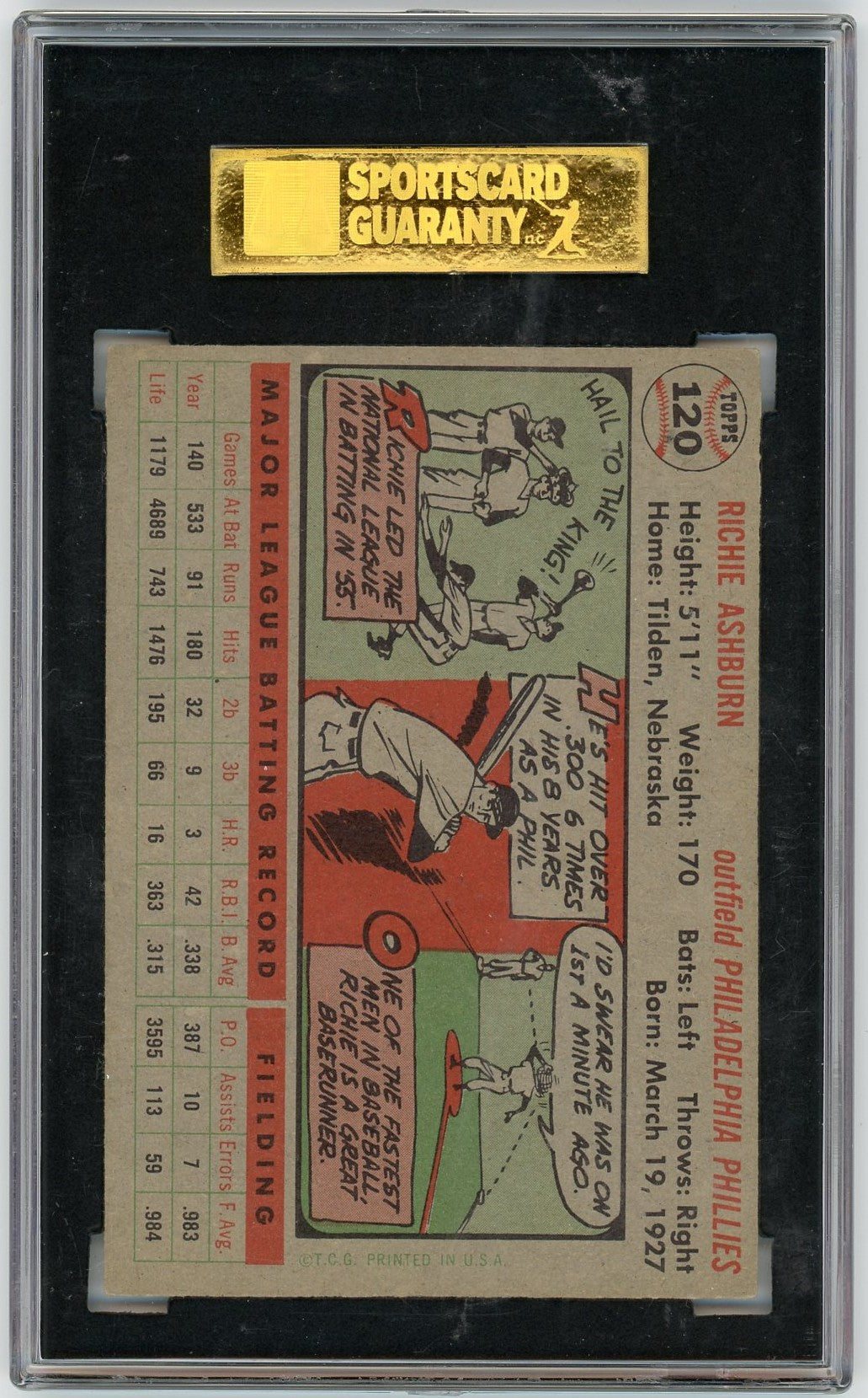 1956 Topps Richie Ashburn #120 Gray Back SGC 7