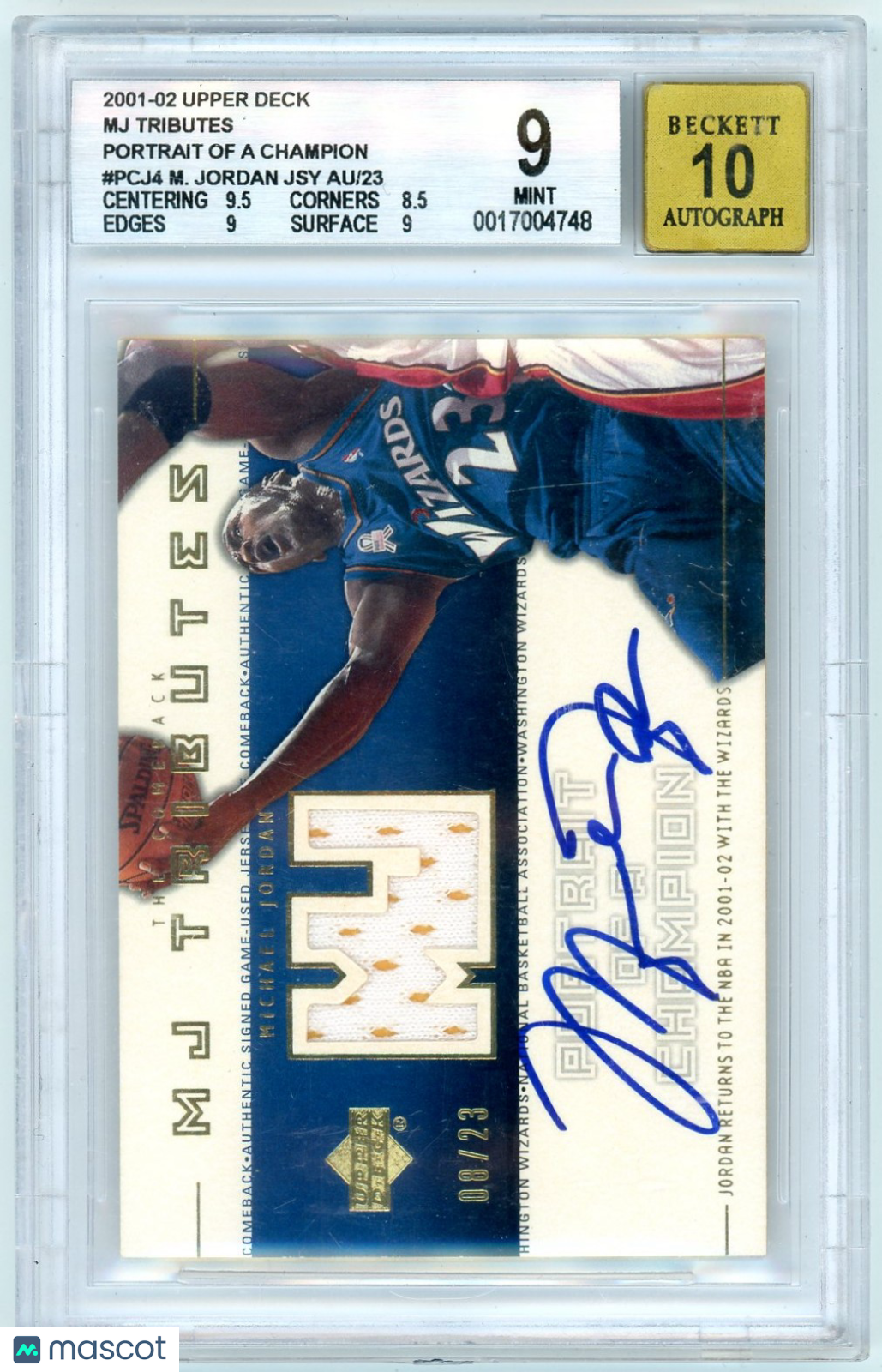 2001 Upper Deck MJ Tributes Portrait of a Champ Wiz Blu. #PCJ4 /23 BGS 9 Auto 10