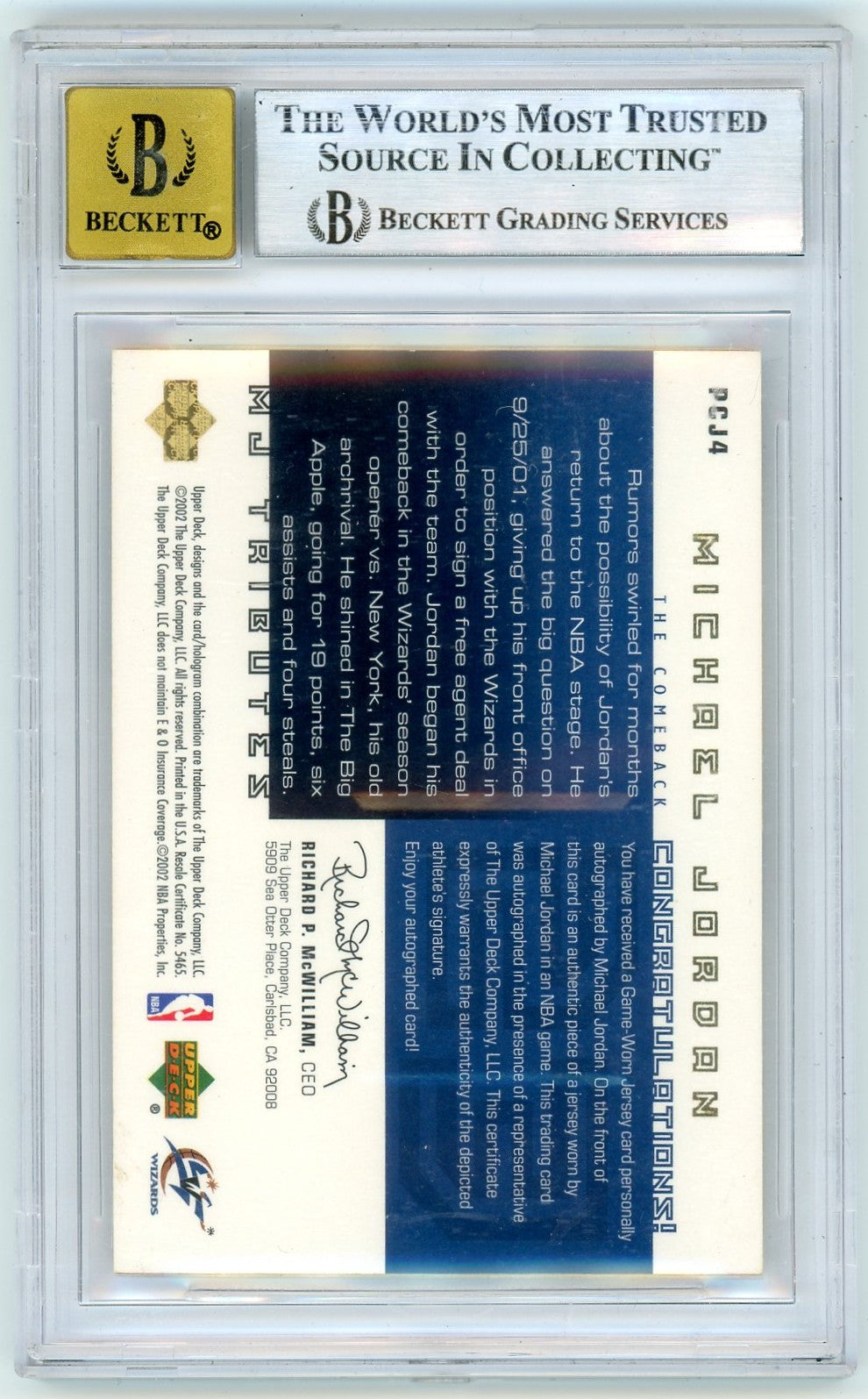 2001 Upper Deck MJ Tributes Portrait of a Champ Wiz Blu. #PCJ4 /23 BGS 9 Auto 10
