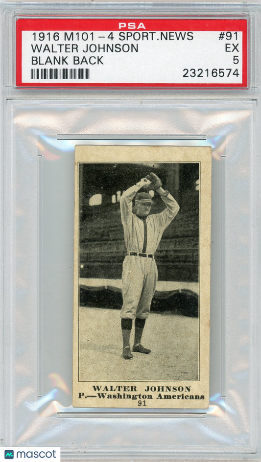 1916 M101-4 Sporting News Walter Johnson #91 Blank Back PSA 5
