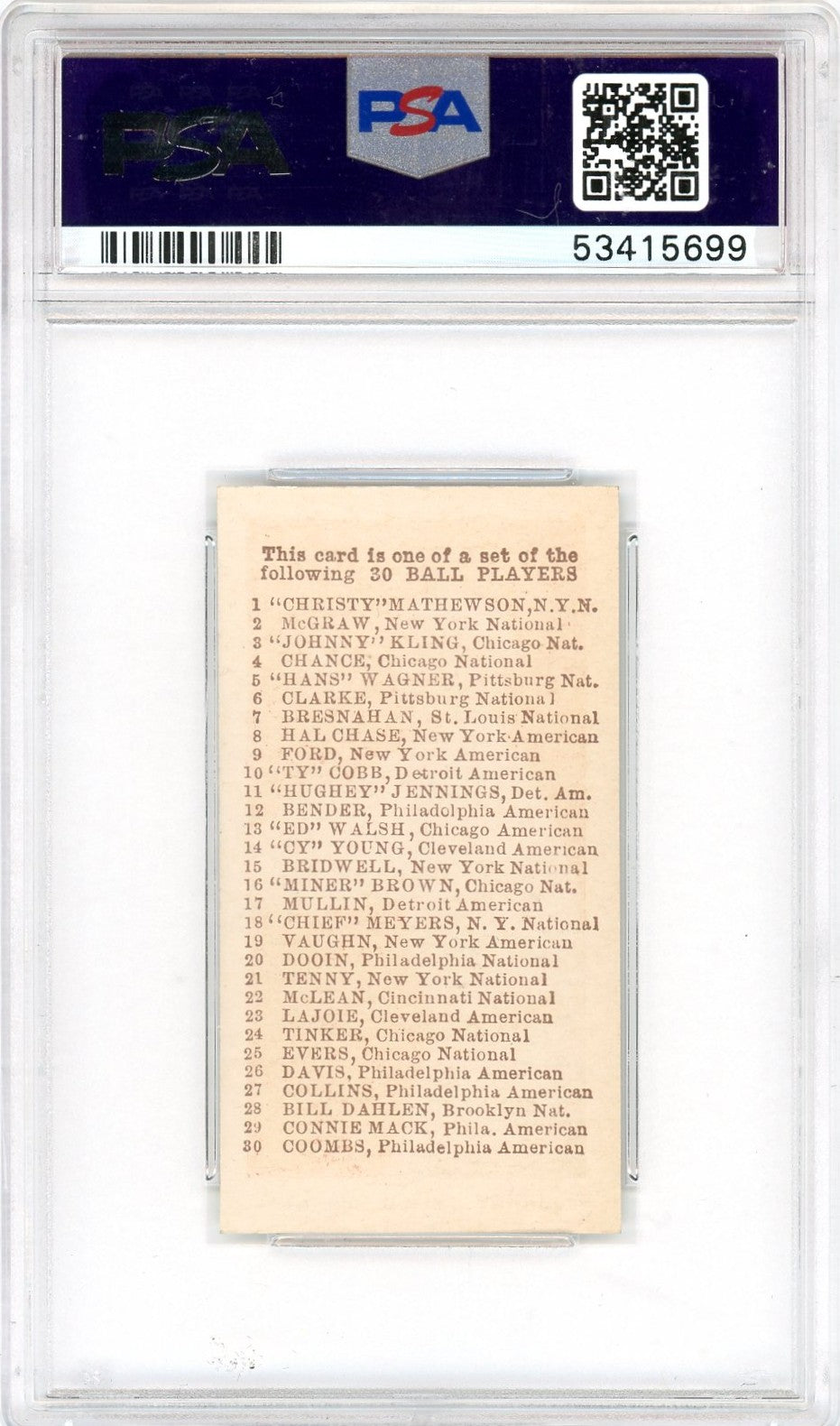 1910 E98 Set Of 30 Johnny Kling Red PSA 9