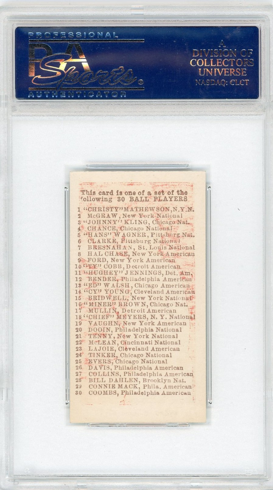 1910 E98 Set Of 30 Johnny Evers Black Swamp Find PSA 8