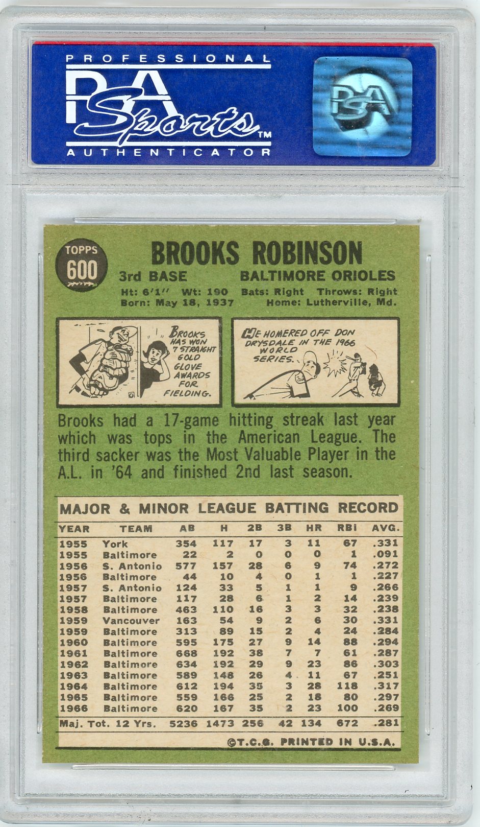 1967 Topps Brooks Robinson #600 Oc PSA 9