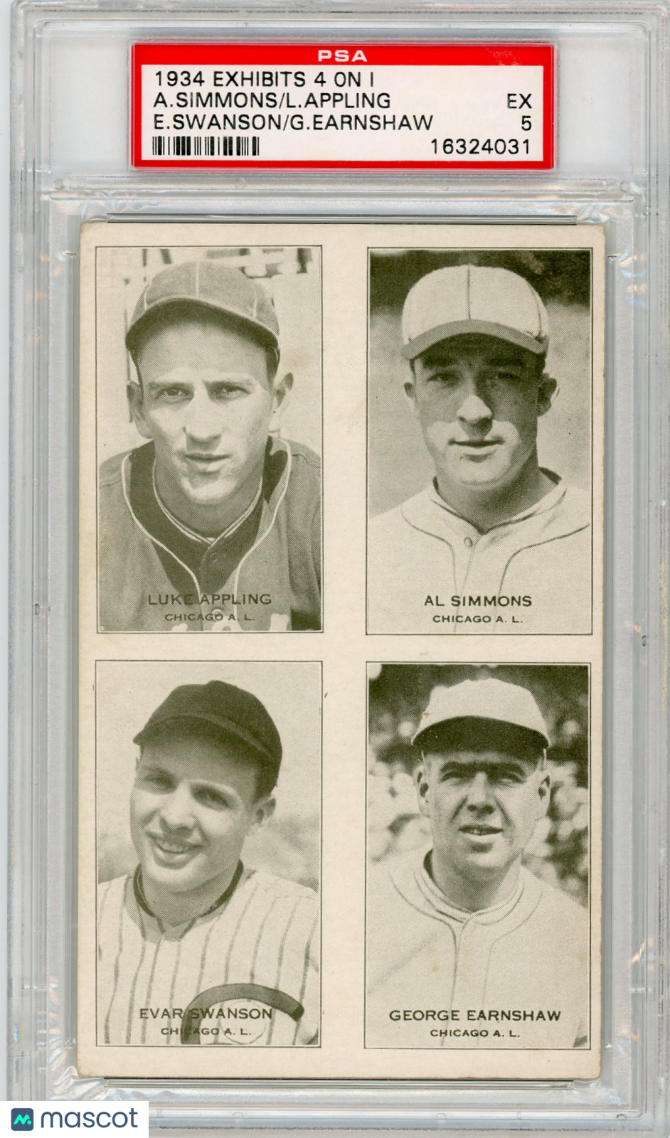1934 Exhibits 4 On 1 L. Appling A. Simmons E. Swanson G. Earnshaw PSA 5