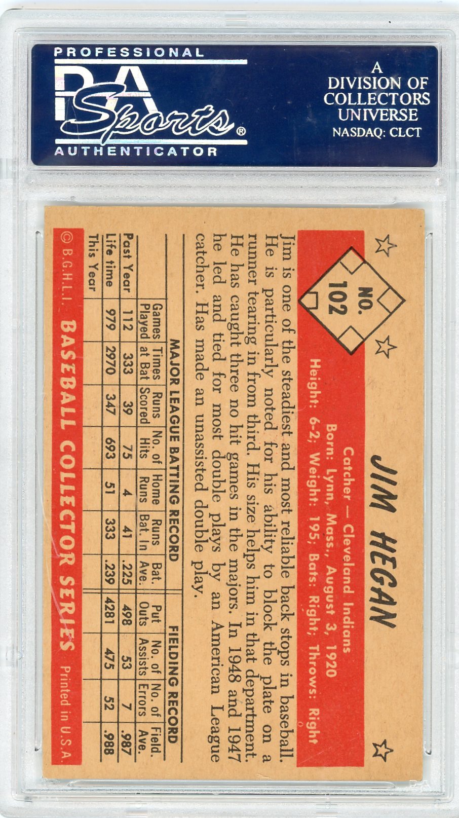 1953 Bowman Color Jim Hegan #102 PSA 7.5