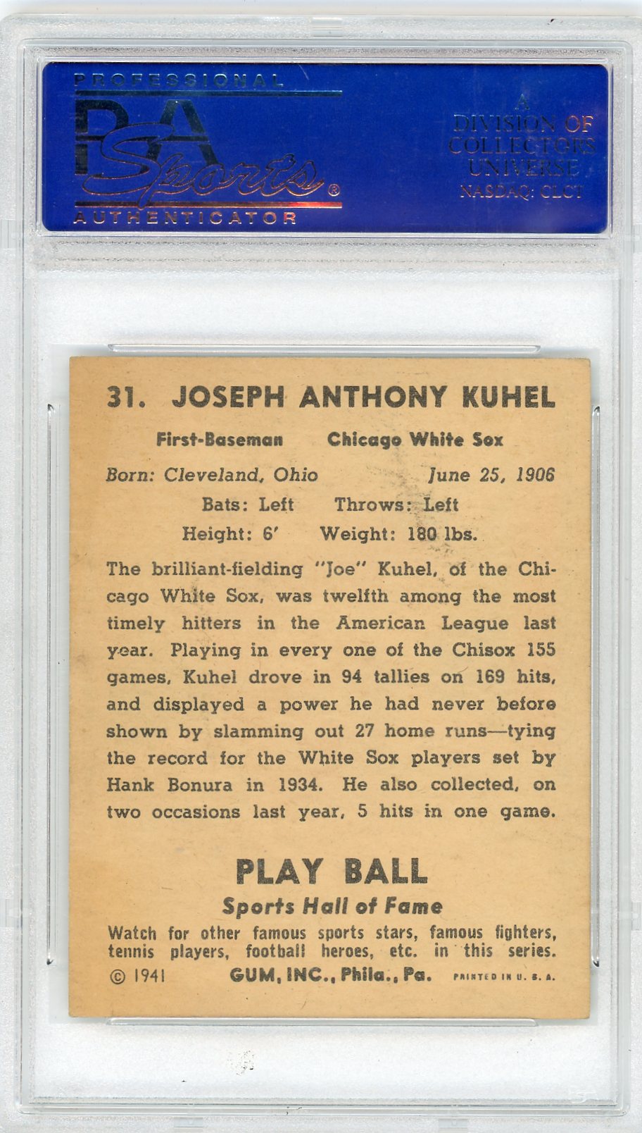 1941 Play Ball Joe Kuhel #31 PSA 7