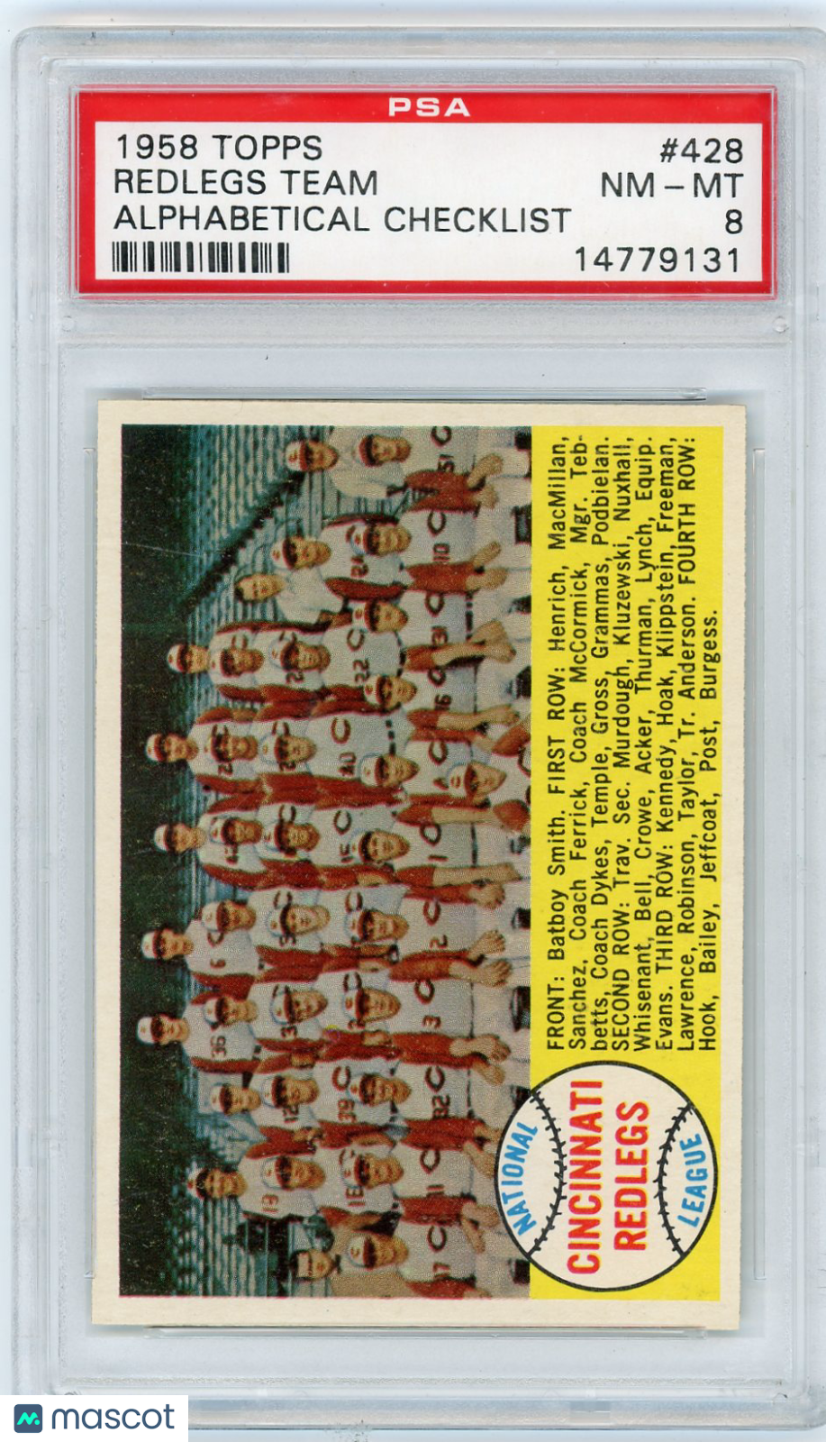 1958 Topps Redlegs Team #428 Alphabetical Checklist PSA 8