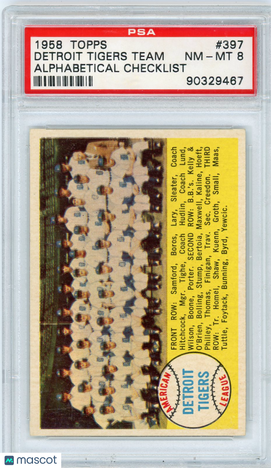 1958 Topps Tigers Team #397 Alphabetical Checklist PSA 8