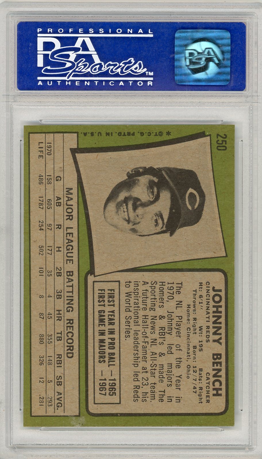 1971 Topps Johnny Bench #250 PSA 8
