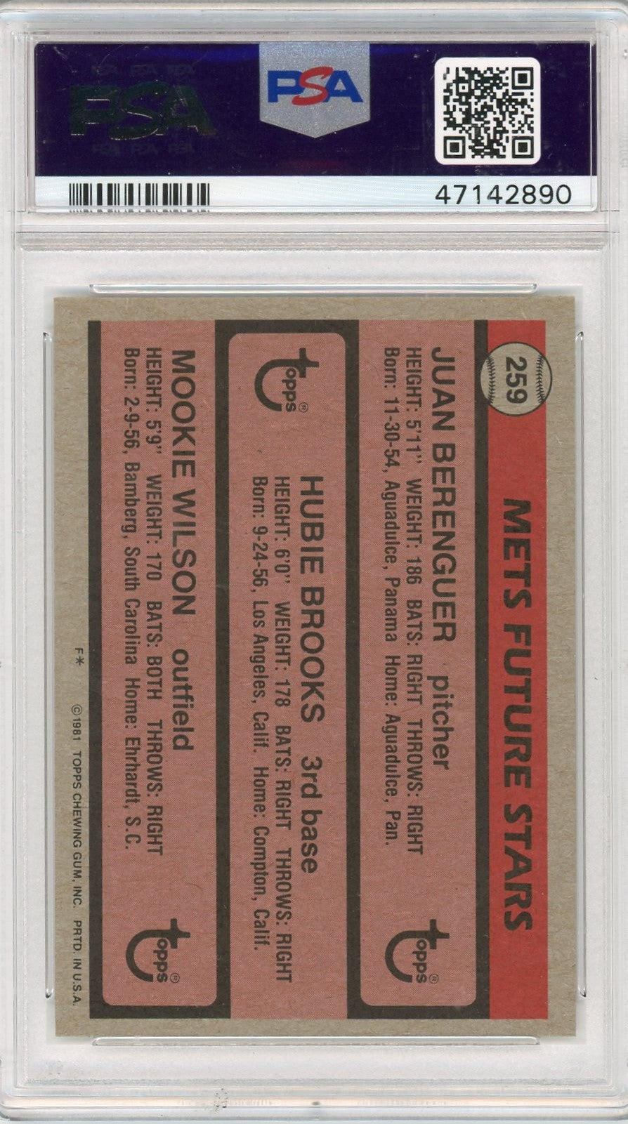 1981 Topps Mets Future Stars #259 Berenguer Brooks Wilson PSA 10