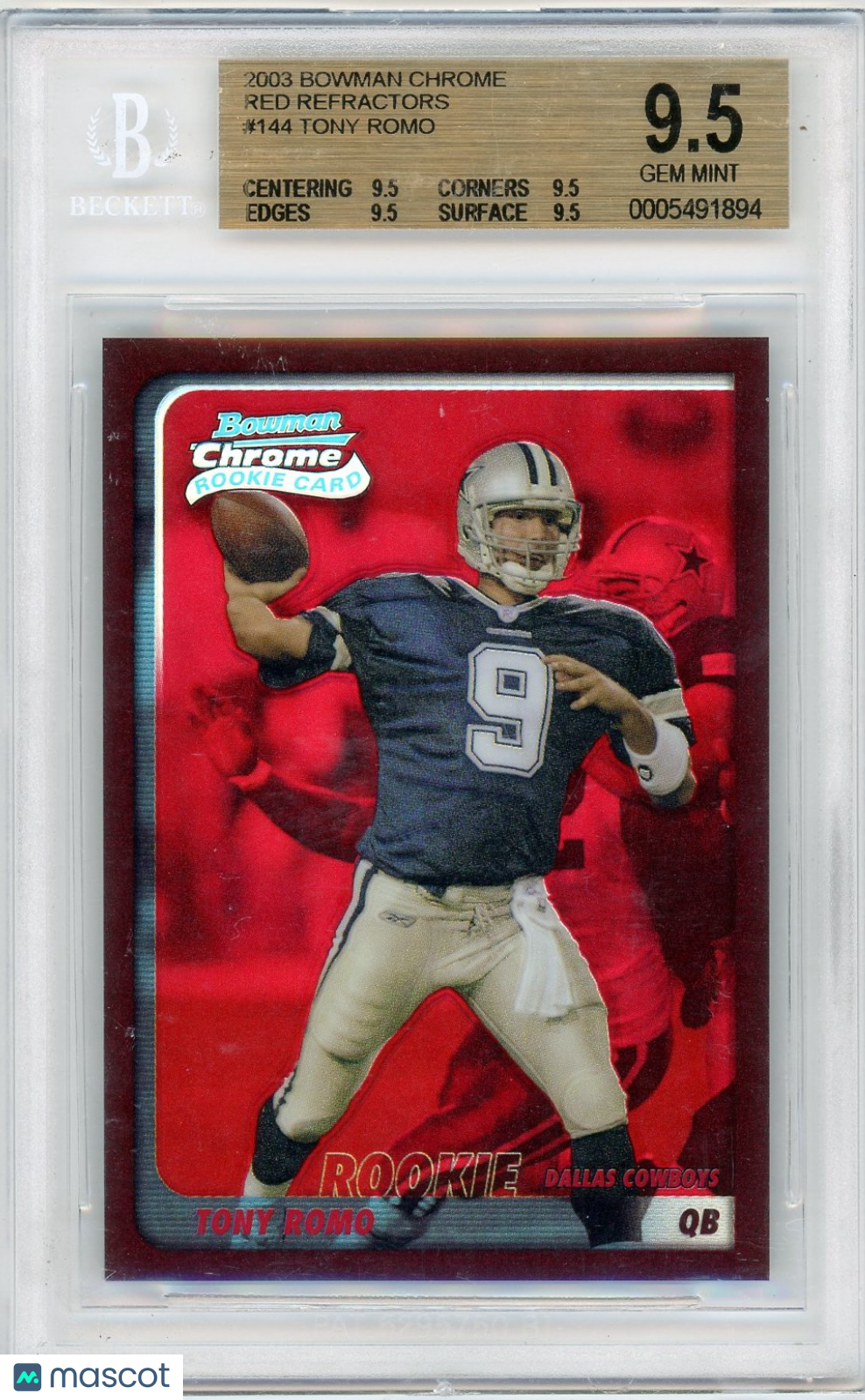 2003 Bowman Chrome Red Refractors Tony Romo #144 BGS 9.5