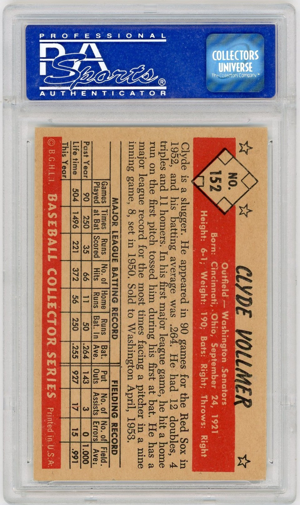 1953 Bowman Color Clyde Vollmer #152 PSA 8