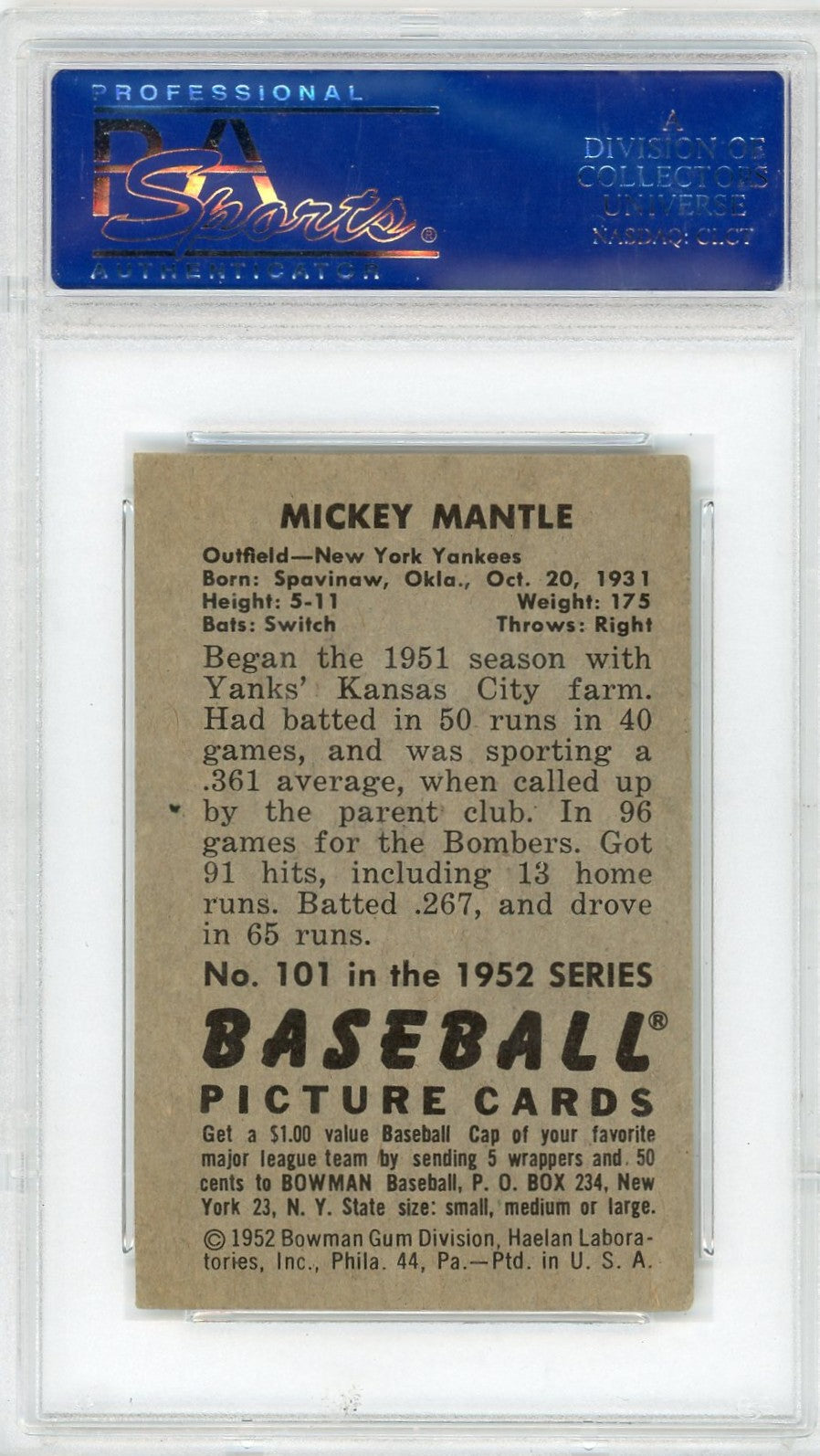 1952 Bowman Mickey Mantle #101 PSA 4 MC
