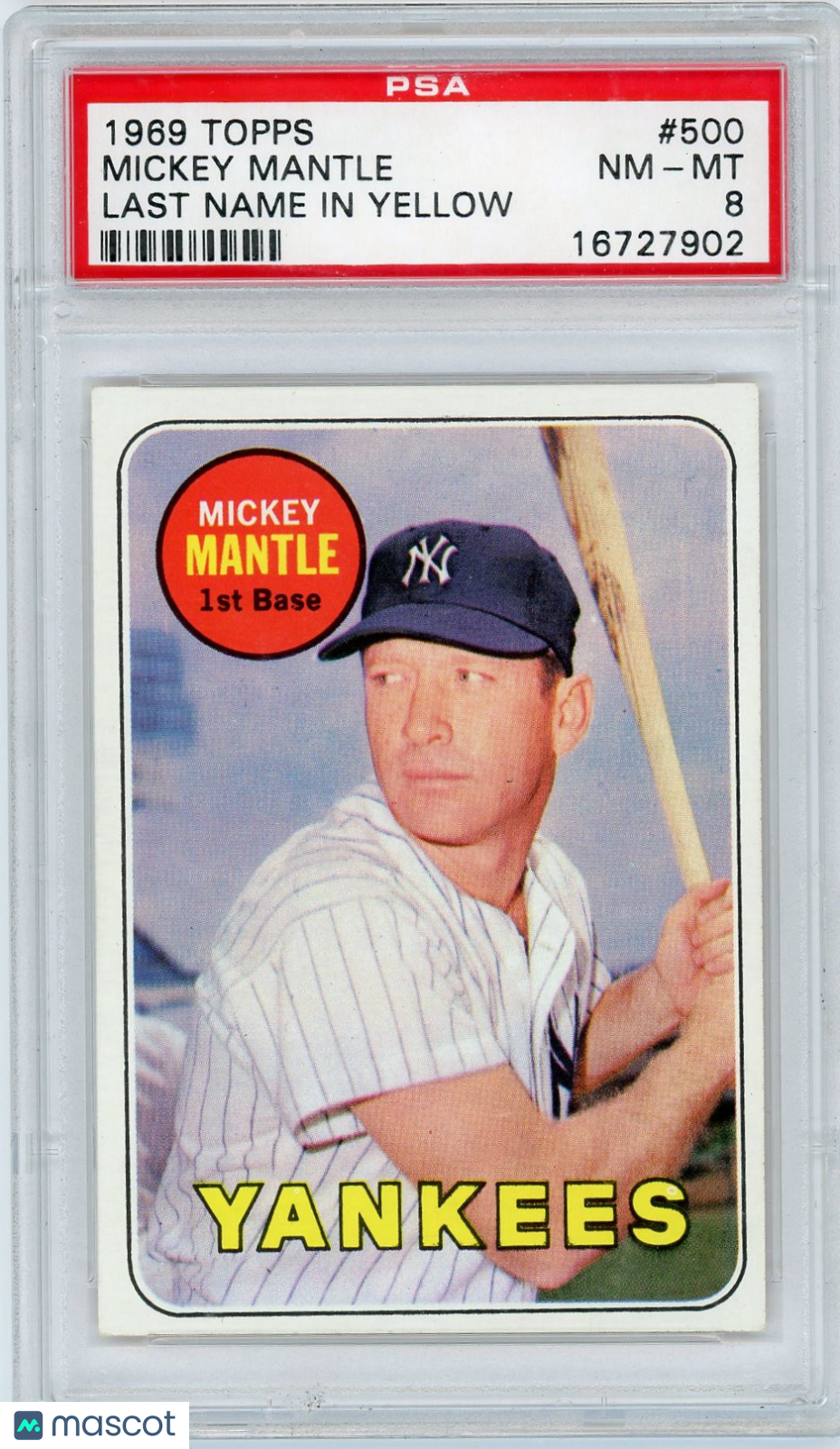 1969 Topps Mickey Mantle #500 Last Name In Yellow PSA 8