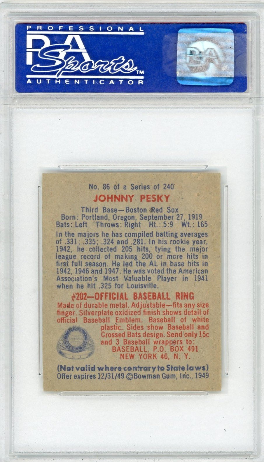 1949 Bowman Johnny Pesky #86 PSA 7
