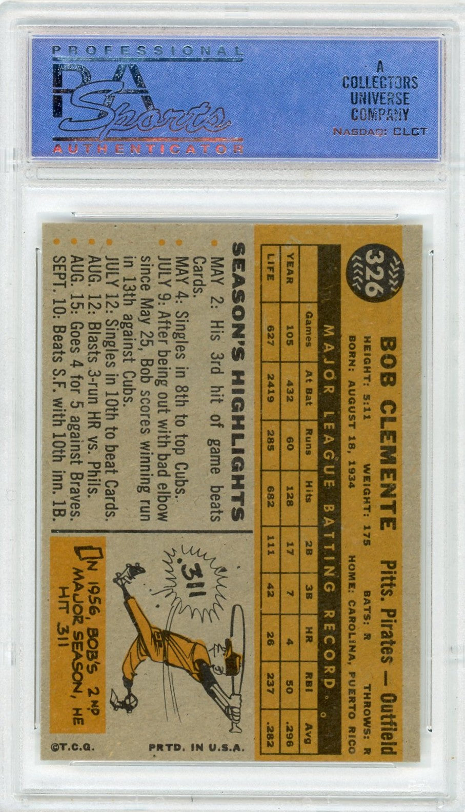1960 Topps Bob Clemente #326 PSA 8
