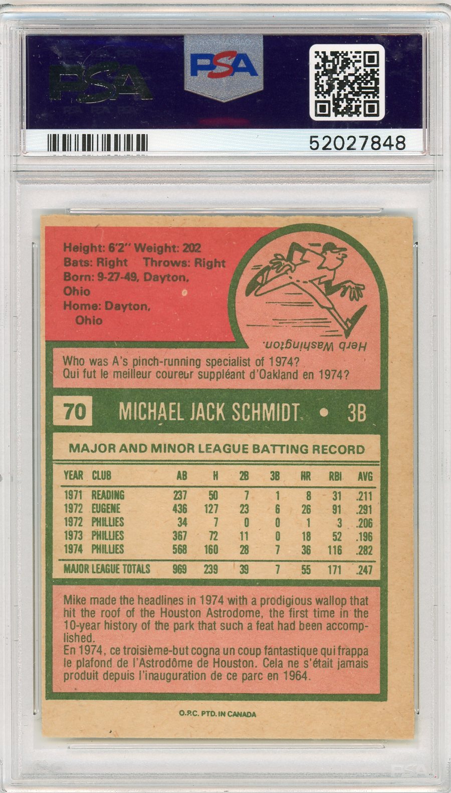 1975 O-Pee-Chee Mike Schmidt #70 PSA 7