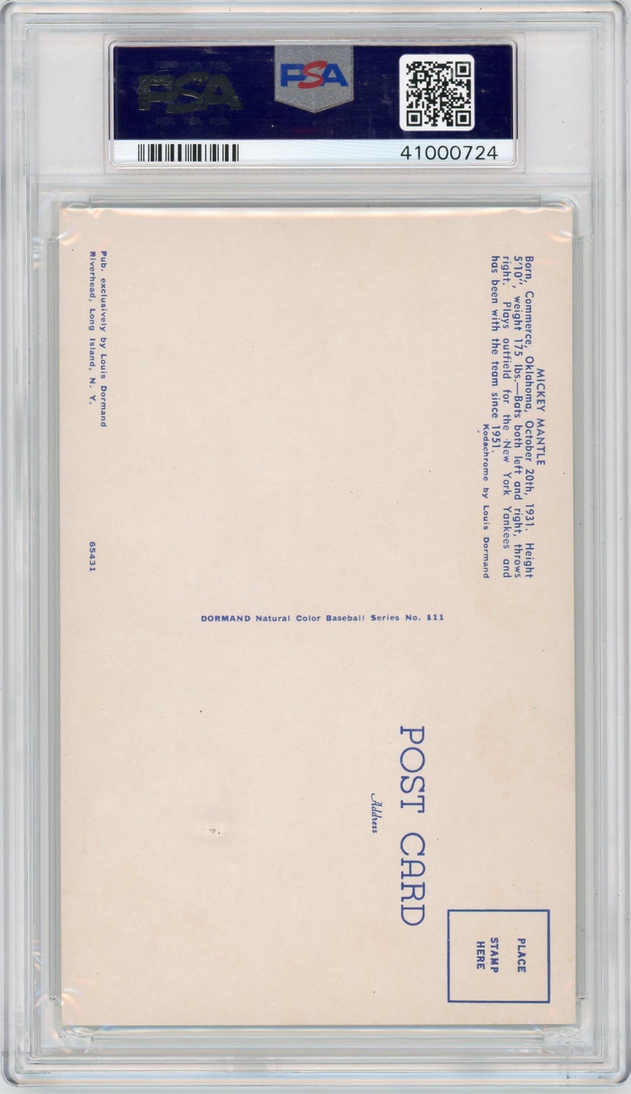 1953-55 Dormand Postcard Mickey Mantle #111 Bat On Shoulder PSA 8