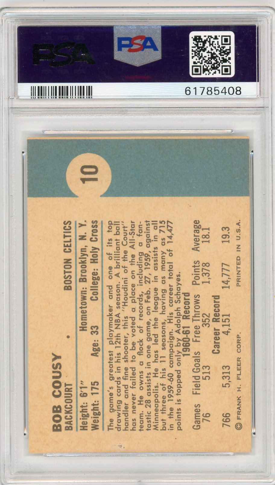 1961 Fleer Bob Cousy #10 PSA 5