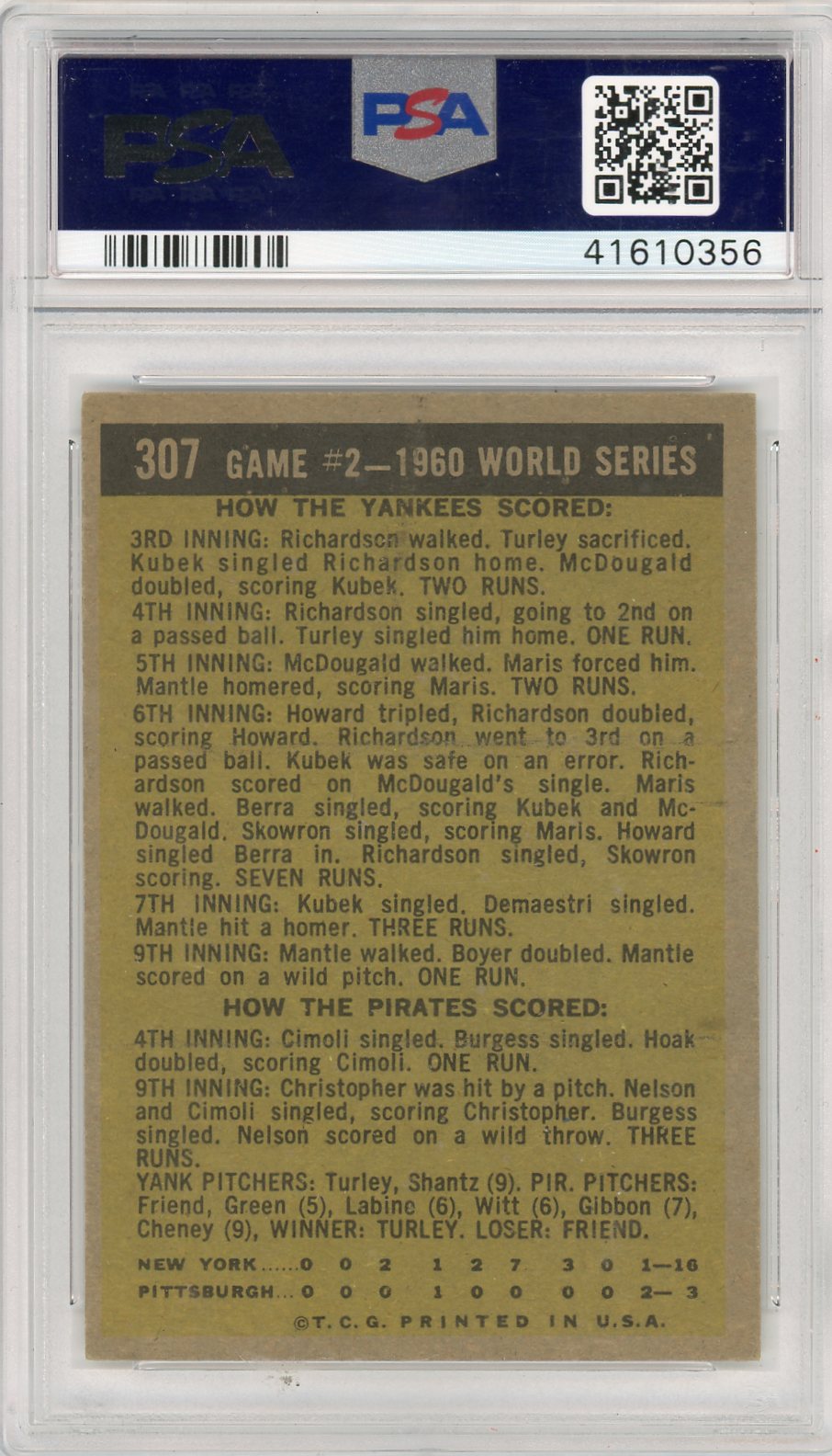 1961 Topps World Series Game 2 #307 Mantle Slams 2 Homers PSA 5