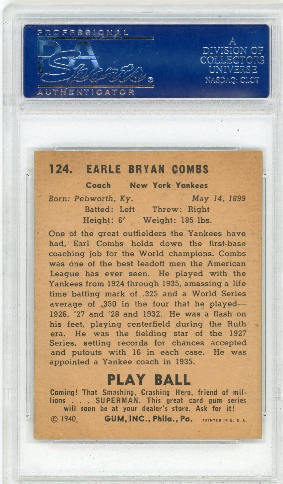 1940 Play Ball Colonel Combs #124 PSA 6
