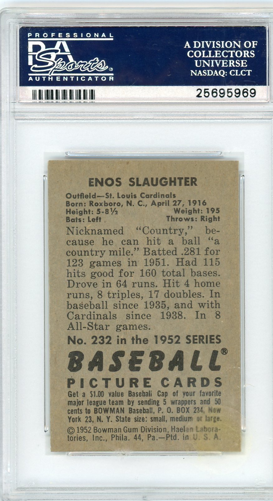 1952 Bowman Enos Slaughter #232 PSA 7