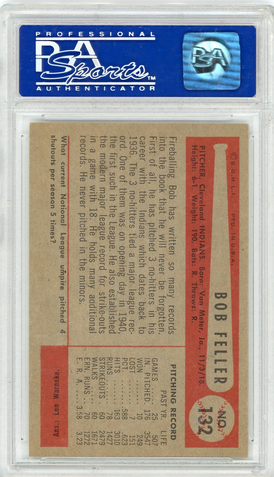 1954 Bowman Bob Feller #132 PSA 8 Oc
