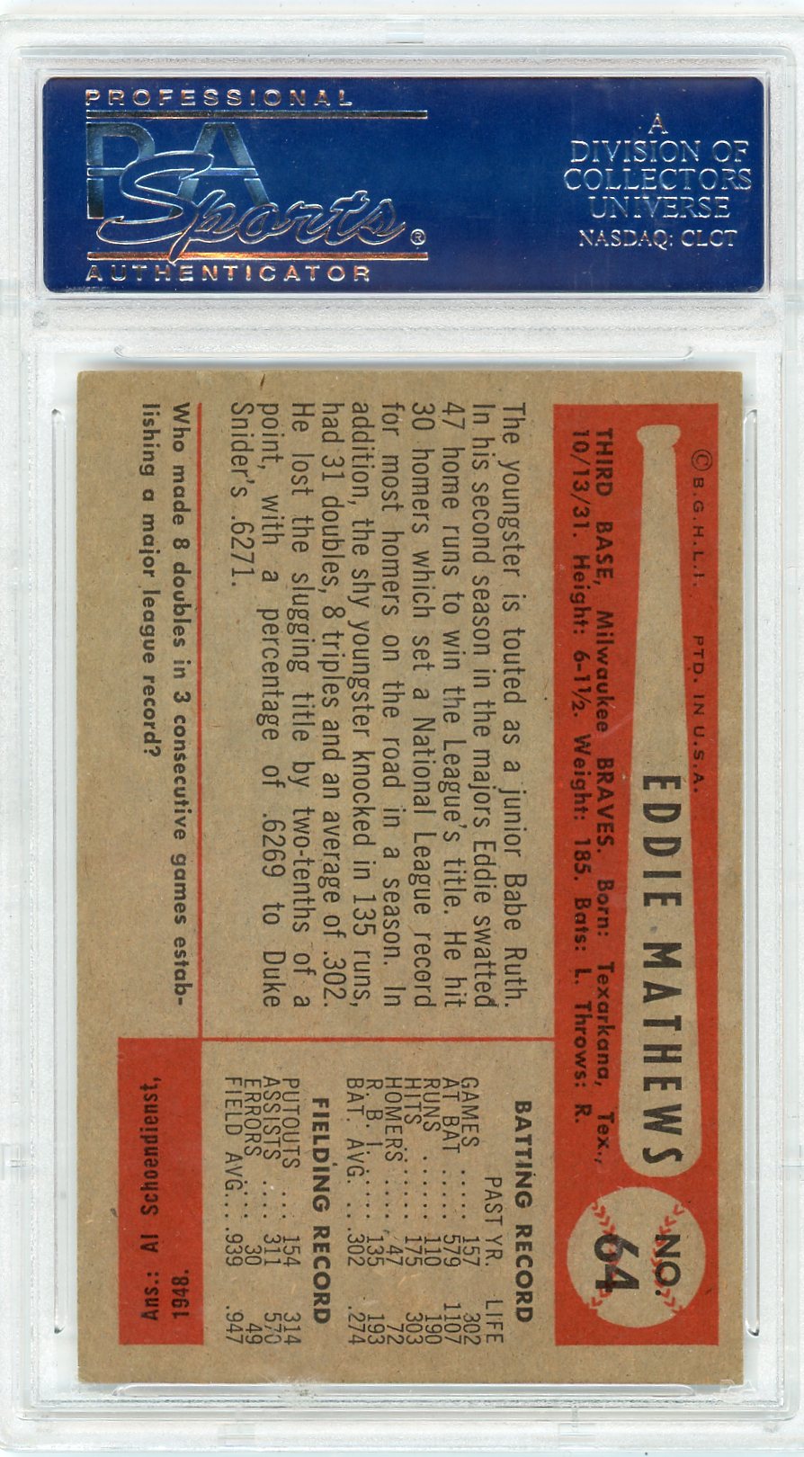 1954 Bowman Ed Mathews #64 PSA 6
