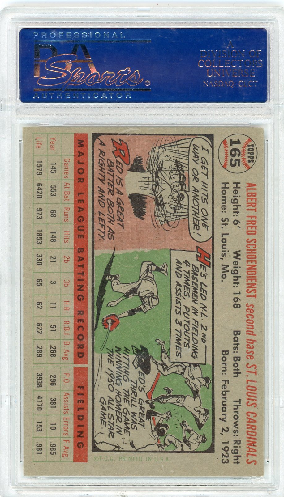 1956 Topps Red Schoendienst #165 Gray Back PSA 7