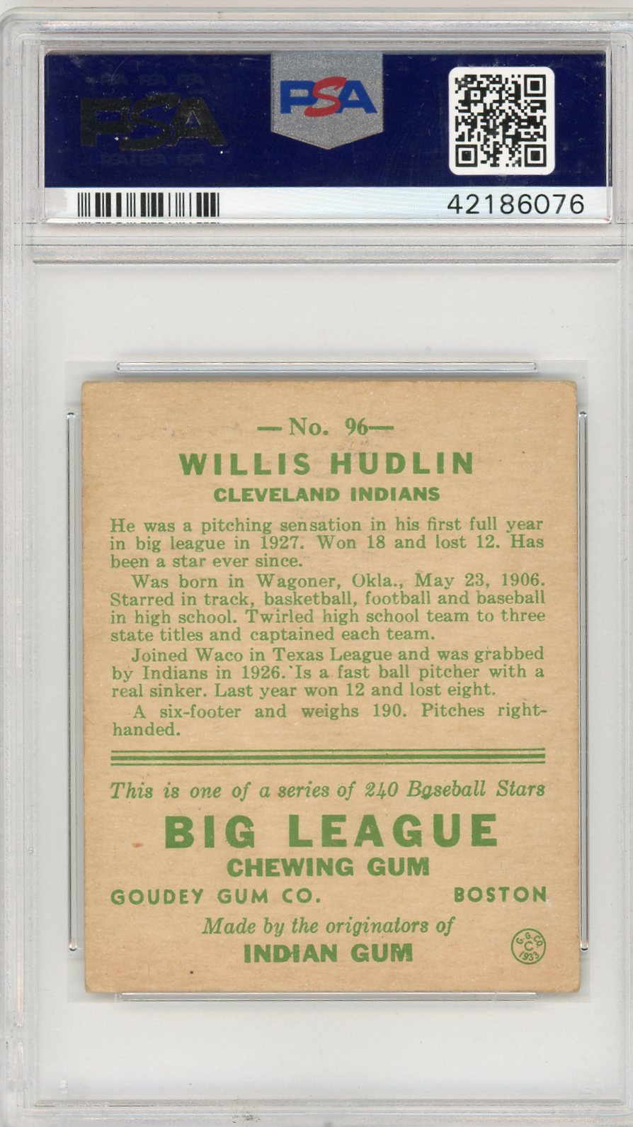 1933 Goudey Willis Hudlin #96 PSA 4.5
