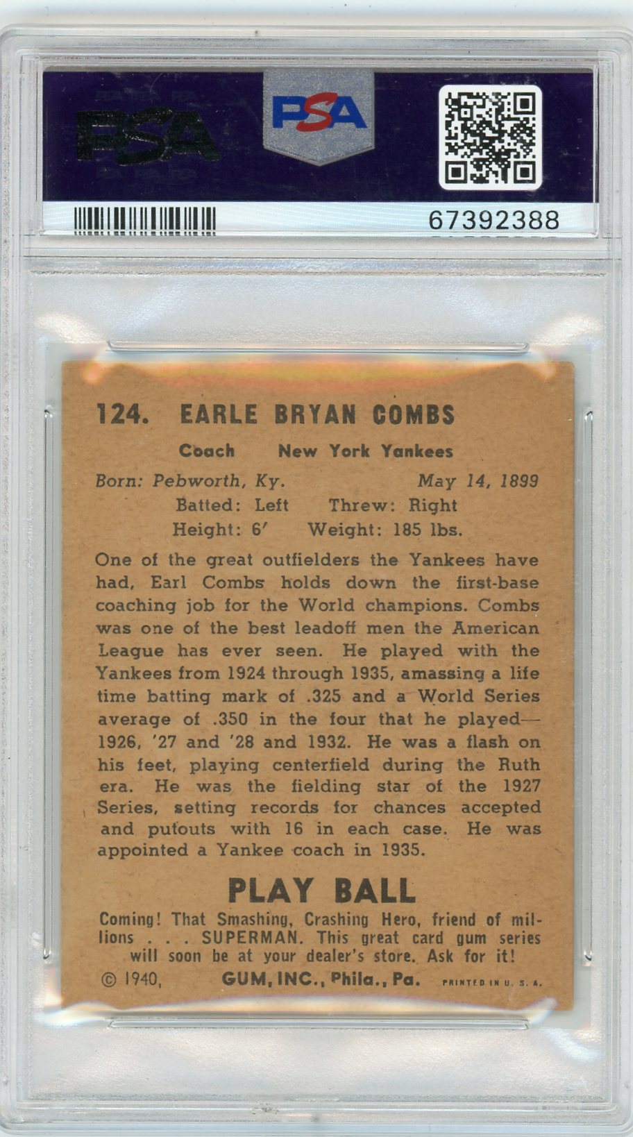 1940 Play Ball Colonel Combs #124 PSA 4
