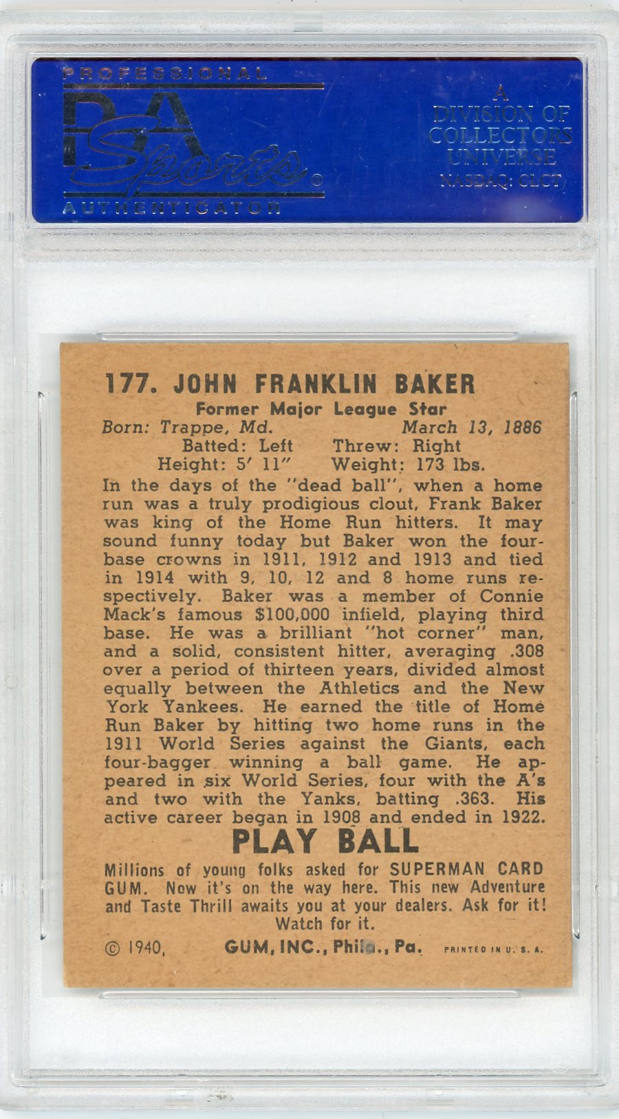 1940 Play Ball Frank Homerun Baker #177 PSA 5