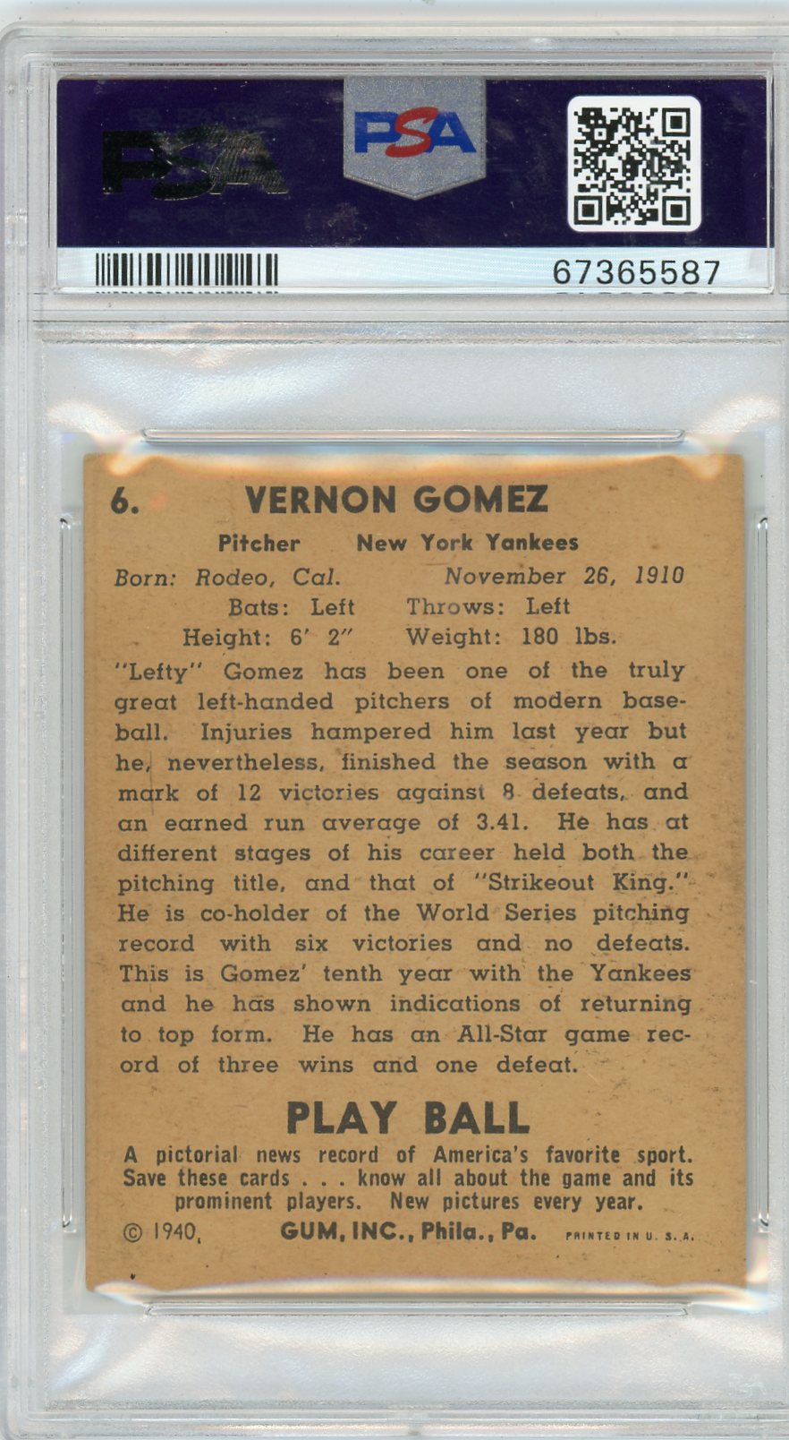 1940 Play Ball Lefty Gomez #6 PSA 4
