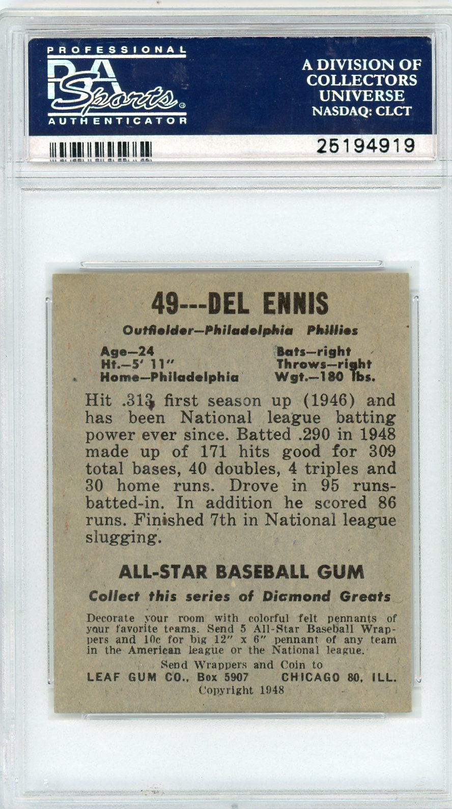 1948 Leaf Del Ennis #49 PSA 6