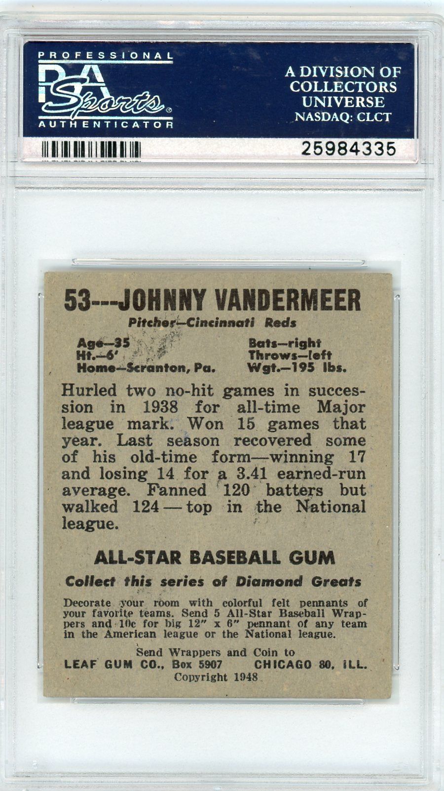 1948 Leaf John Vandermeer #53 (Vander Meer) PSA 4