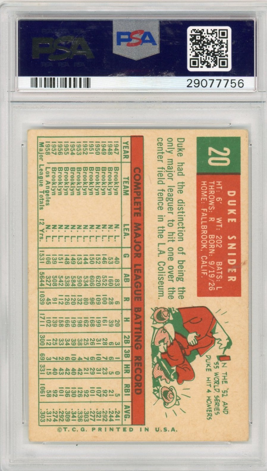 1959 Topps Duke Snider #20 PSA 6