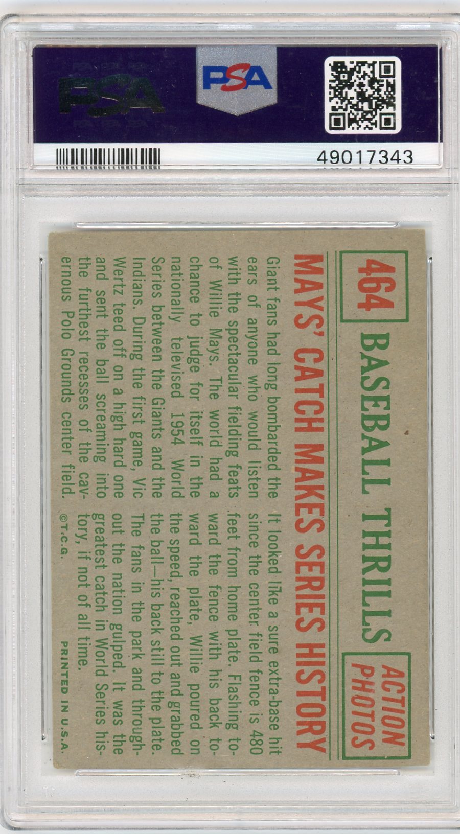 1959 Topps Mays' Catch Makes #464 Series History PSA 3
