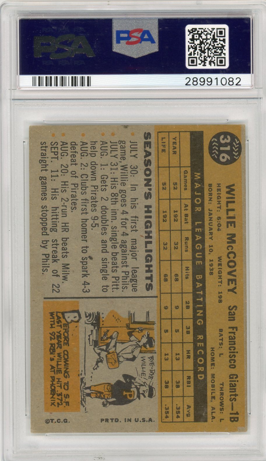 1960 Topps Willie Mccovey #316 All Star Rookie PSA 4.5