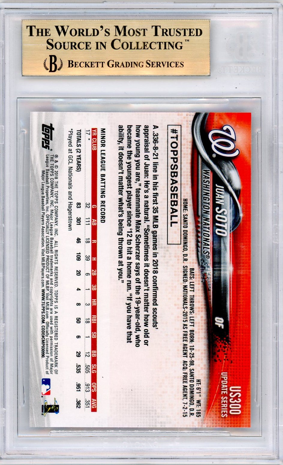 2018 Topps Update Juan Soto #US300 BGS 10 Rookie