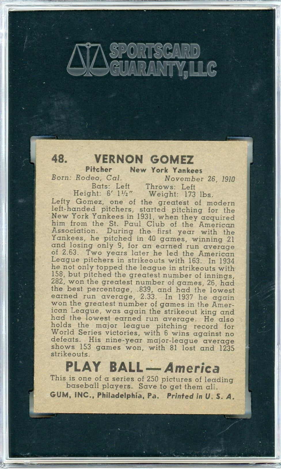 1939 Playball Vernon Gomez #48 SGC 5.5