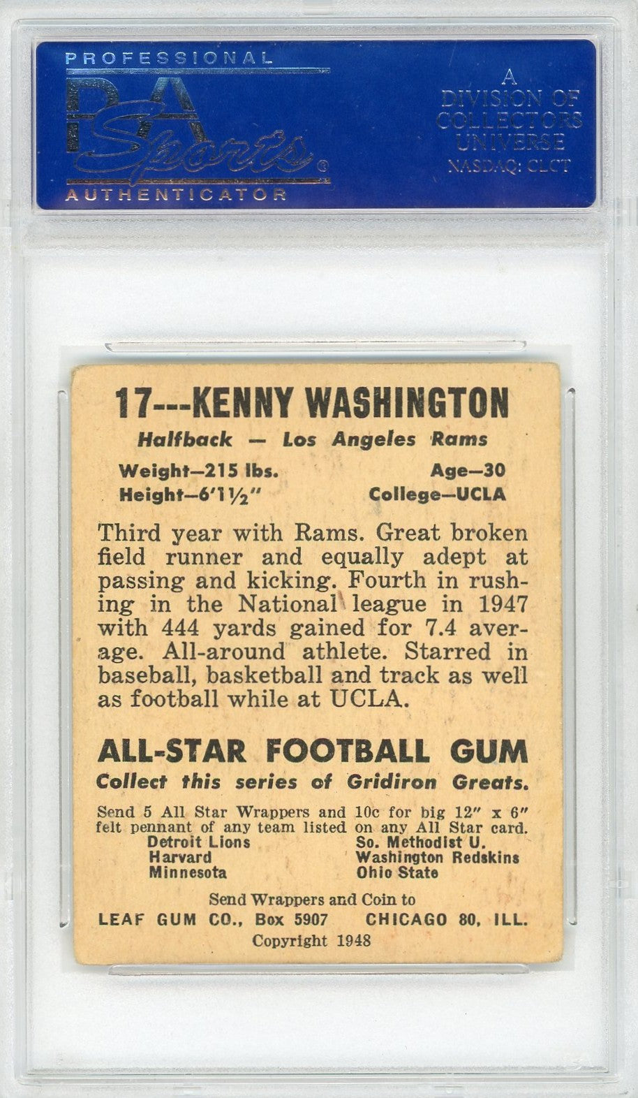 1948 Leaf Kenny Washington #17 Black Name On Front PSA 4