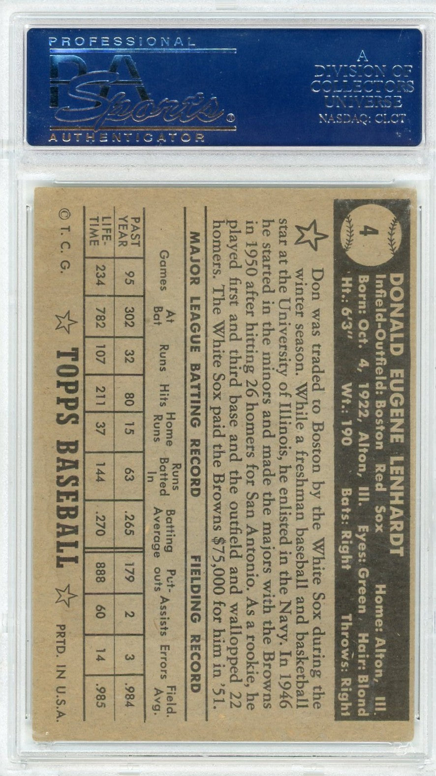 1952 Topps Don Lenhardt #4 Black Back PSA 4