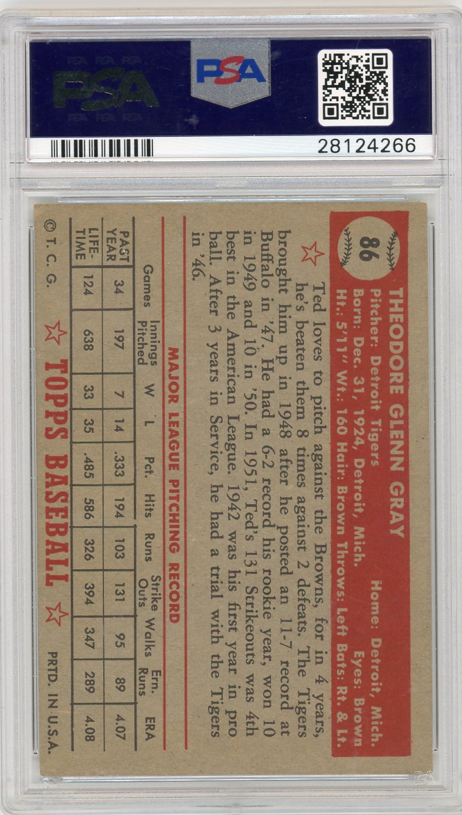 1952 Topps Ted Gray #86 PSA 5