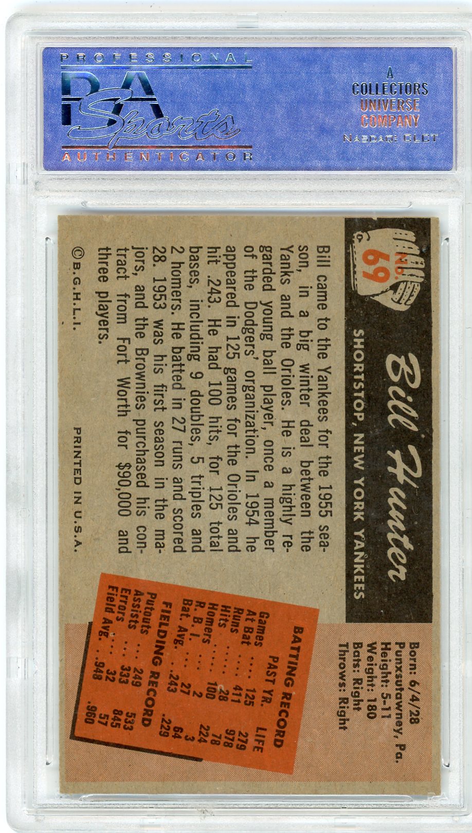 1955 Bowman Bill Hunter #69 PSA 8