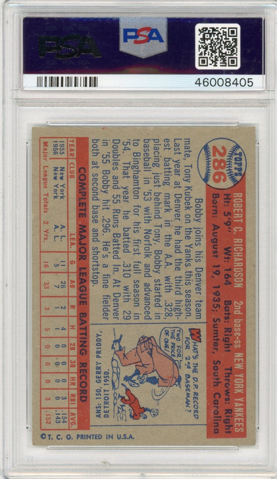 1957 Topps Bobby Richardson #286 PSA 5