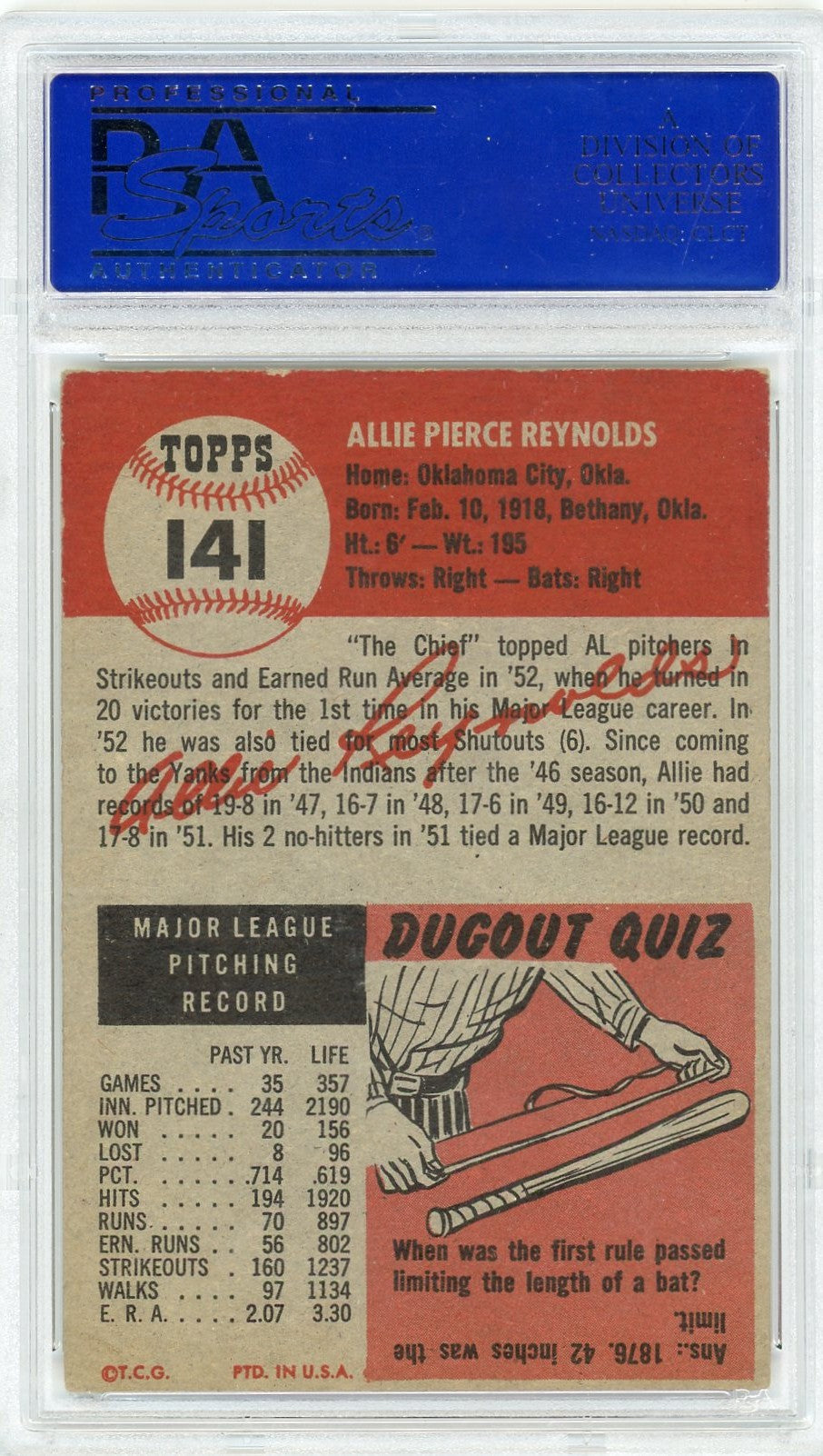 1953 Topps Allie Reynolds #141 PSA 5