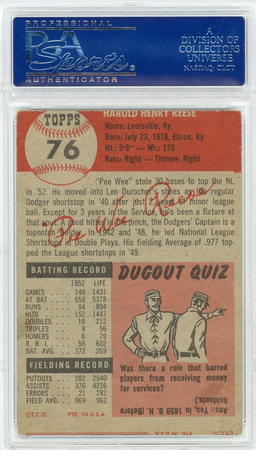 1953 Topps Pee Wee Reese #76 PSA 5 MC