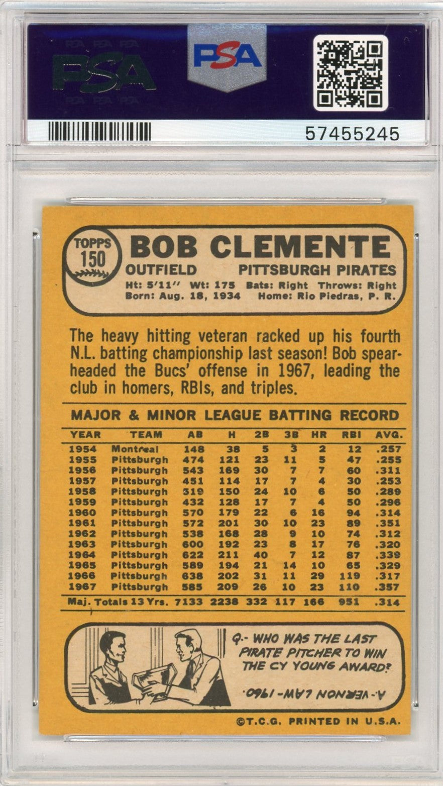 1968 Topps Bob Clemente #150 PSA 5